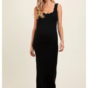 Black Ribbed Scalloped Neck Sleeveless Low Back Maternity Maxi Dress PINK BLUSH